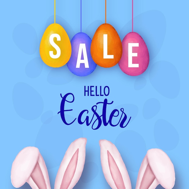 Cute Colourful Happy Easter Sale Poster Banner Blue Yellow Background with Eggs Free Vector