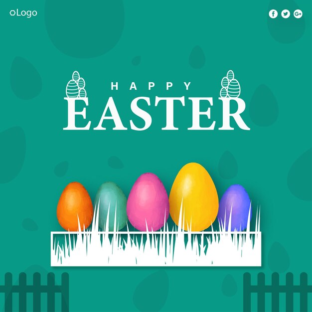 Cute Colourful Happy Easter Sale Poster Banner Teal Blue Background with Eggs Free Vector