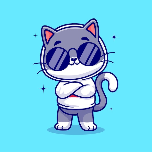 Free Vector cute cool cat wearing eyeglasses and hoodie cartoon vector icon illustration. animal fashion icon concept isolated premium vector. flat cartoon style