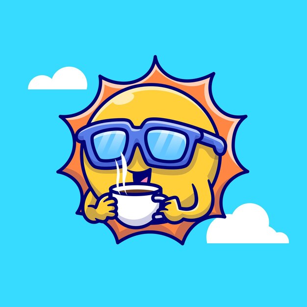 Cute Cool Sun Drink Coffee Cartoon Vector Icon Illustration Nature Drink Icon Concept Isolated flat