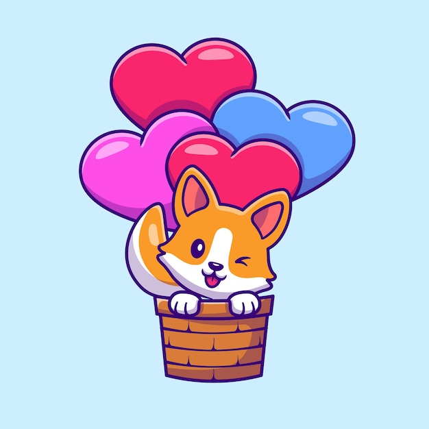 Cute Corgi Dog Flying With Love Balloon Cartoon