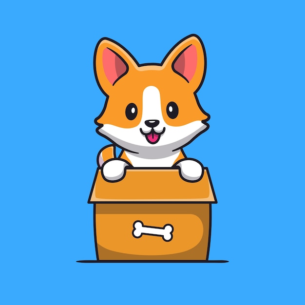 Cute Corgi Dog Playing In Box Cartoon 