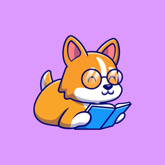 Cute Corgi Dog Reading Book Cartoon Vector Icon Illustration. Animal Education Icon Concept Isolated Premium Vector. Flat Cartoon Style