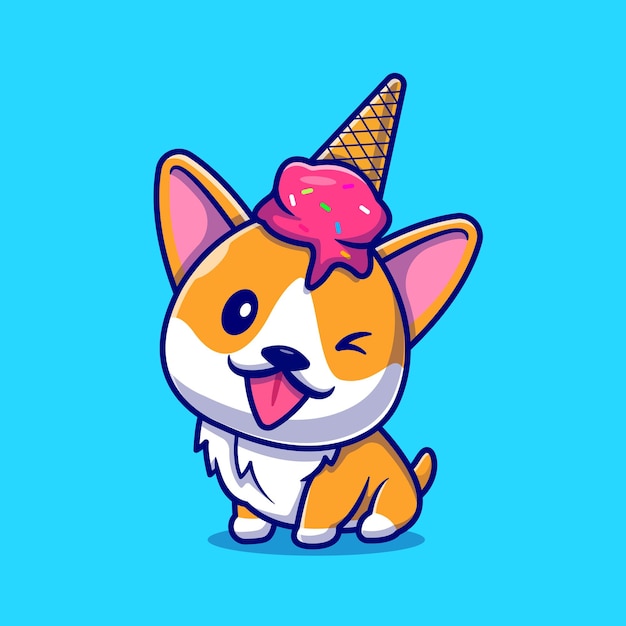 Free Vector cute corgi dog with ice cream on head cartoon character. animal food isolated.