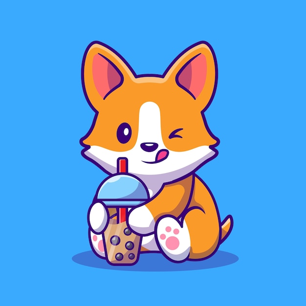 Cute Corgi Drink Milk Tea Boba Cartoon Vector  Illustration. Animal Drink  Concept Isolated  Vector. Flat Cartoon Style