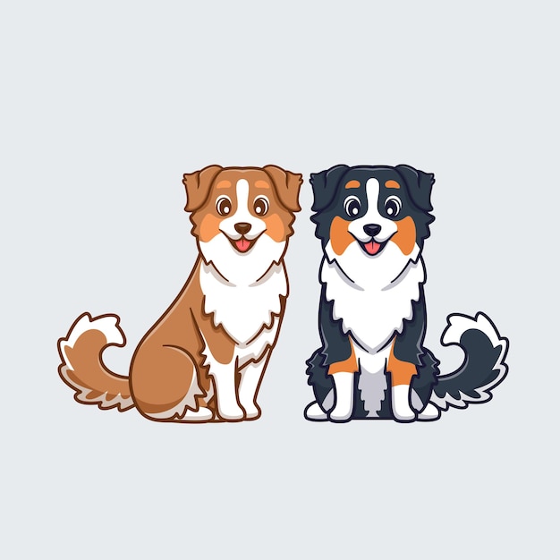 Cute Couple Australian Shepherd Dog Cartoon Vector Icon Illustration Animal Nature Isolated Flat