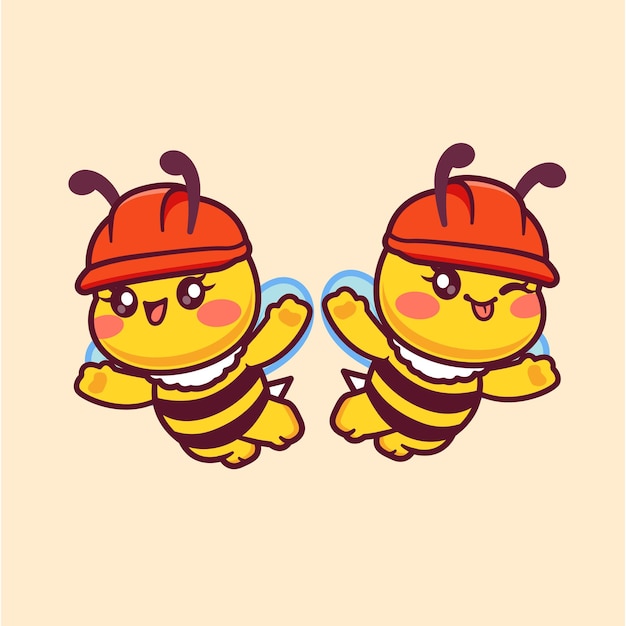 Free Vector cute couple bee flying wearing hat cartoon vector icon illustration animal nature icon isolated