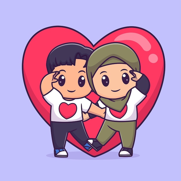 Free Vector cute couple boy and girl hijab with love heart pose cartoon vector icon illustration people holiday