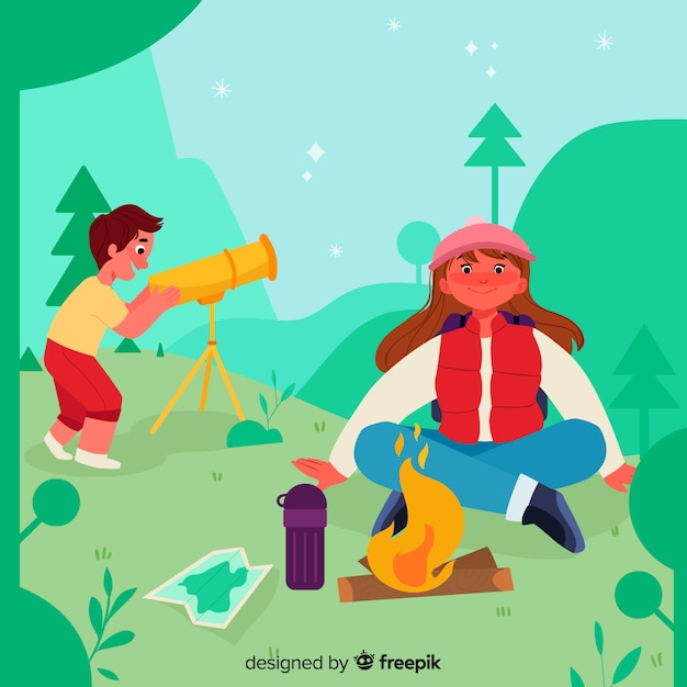 Cute couple making a fire in camping zone