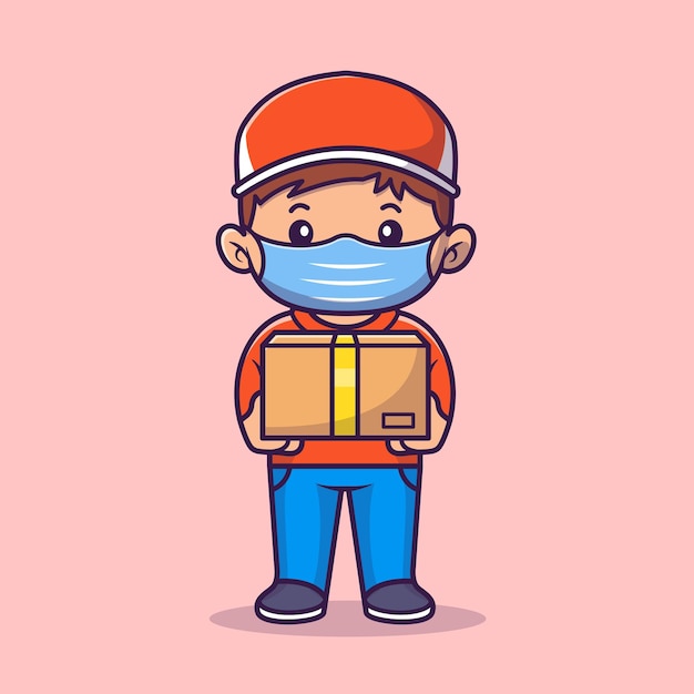 Free Vector cute courier delivery package with mask cartoon vector icon illustration people business isolated