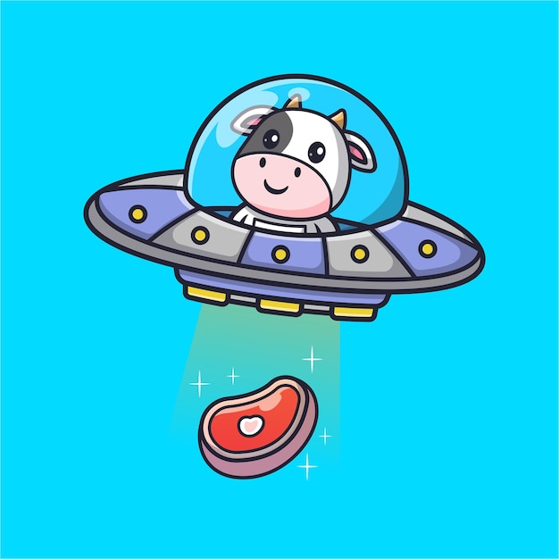 Free Vector cute cow astronaut driving ufo catching meat steak cartoon vector icon illustration animal food