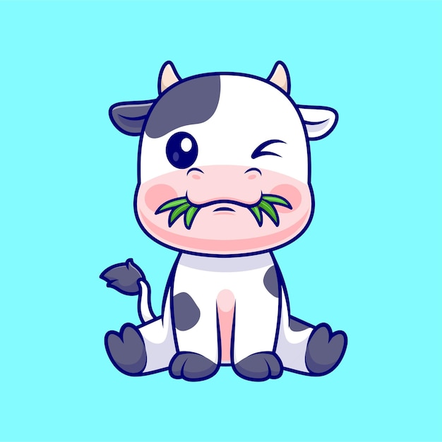 Cute Cow Bite Grass Cartoon Vector Icon Illustration. Animal Nature Icon Concept Isolated Premium