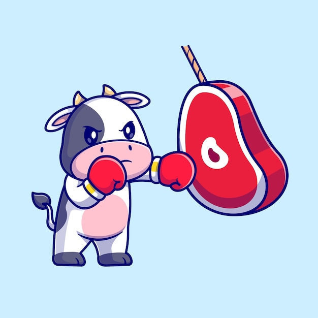 Free vector cute cow boxing meat steak cartoon vector icon illustration. animal sport icon concept isolated