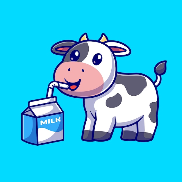 Cute Cow Drink Milk Box Cartoon Vector Icon Illustration. Animal Drink Icon Concept Isolated Premium Vector. Flat Cartoon Style