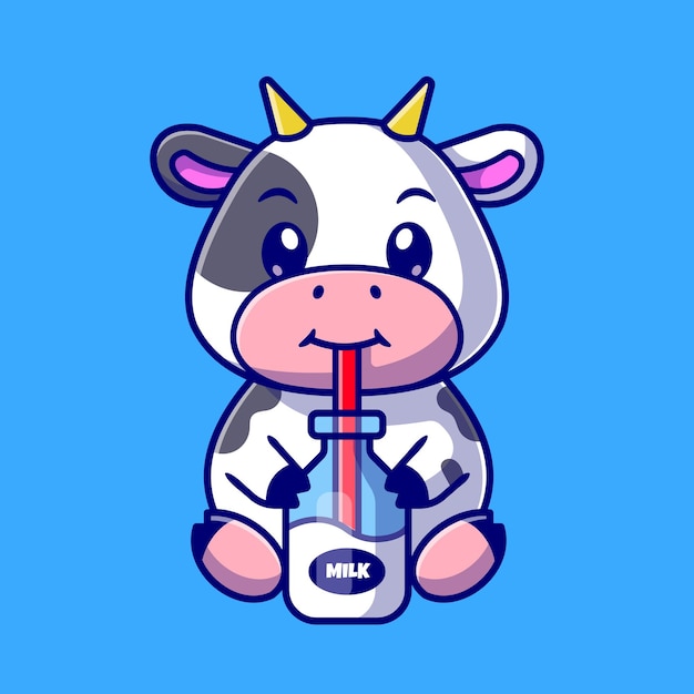 Cute Cow Drink Milk Cartoon Vector Icon Illustration. Animal Drink Icon Concept Isolated Premium Vector. Flat Cartoon Style