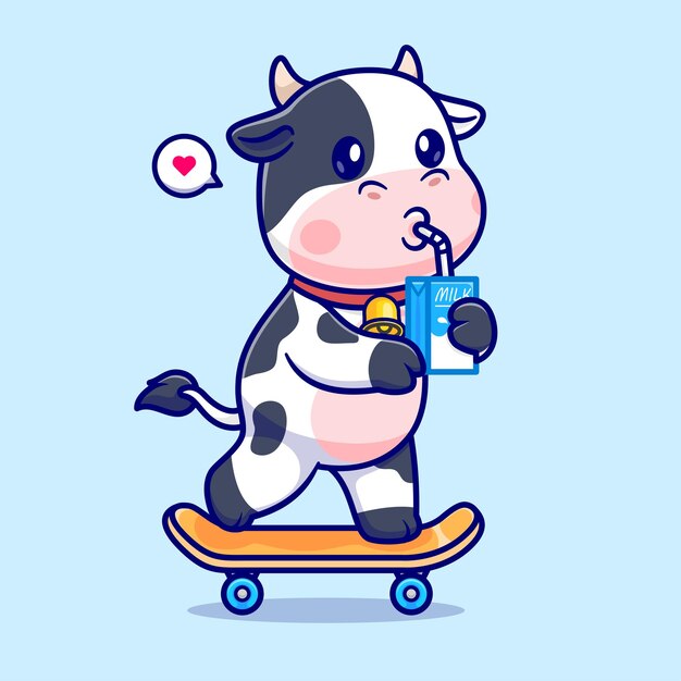 Cute Cow Drinking Milk On Skateboard Cartoon Vector Icon Illustration Animal Sport Icon Isolated