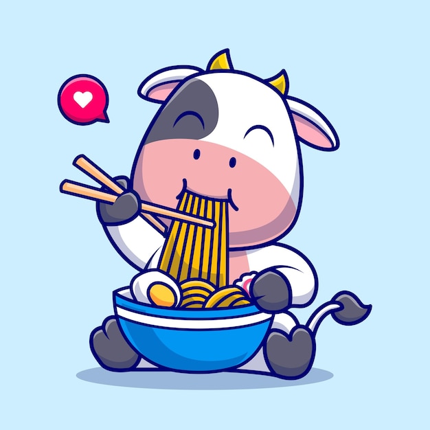 Cute Cow Eating Ramen Bowl With Chopstick Cartoon Vector Icon Illustration Animal Food Isolated