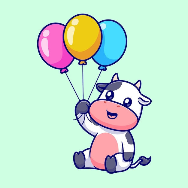 Free vector cute cow holding balloon cartoon vector icon illustration. animal nature icon concept isolated flat