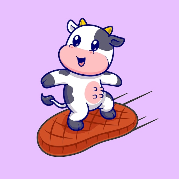 Free Vector cute cow surfing with steak meat cartoon vector icon illustration. animal food icon concept isolated