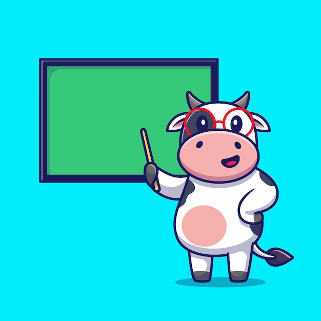 Free vector cute cow teaching with board cartoon . animal education icon concept isolated . flat cartoon style