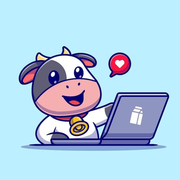 Cute Cow Working On Laptop Cartoon Vector Icon Illustration. Animal Technology Icon Concept Isolated Premium Vector. Flat Cartoon Style