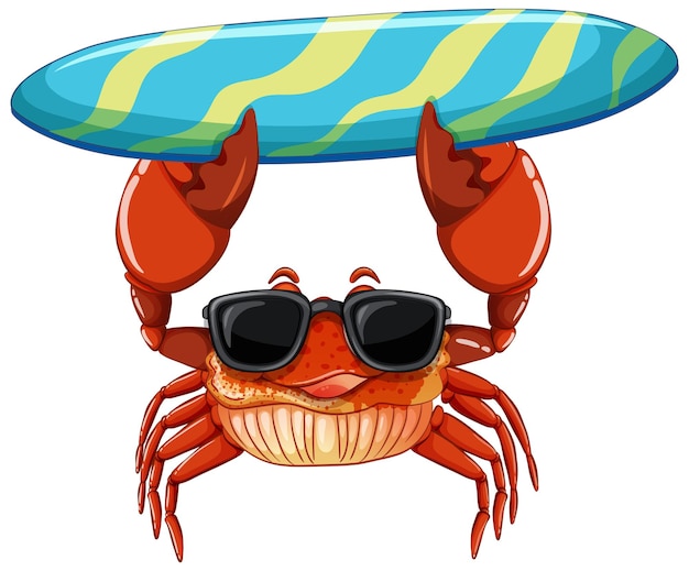 Free Vector cute crab cartoon character holding surfboard