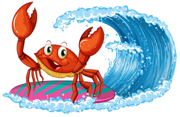 Free Vector cute crab cartoon character surfing