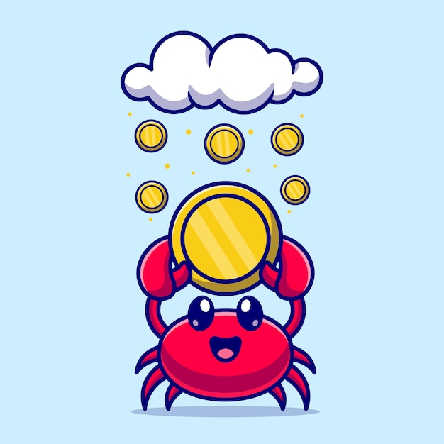 Cute Crab Holding Gold Coin Cartoon Vector Icon Illustration. Animal Business Icon Concept Isolated Premium Vector. Flat Cartoon Style