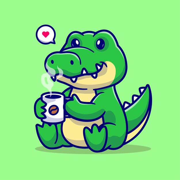 Cute Crocodile Drinking Coffee Cartoon Vector Icon Illustration Animal Drink Icon Concept Isolated