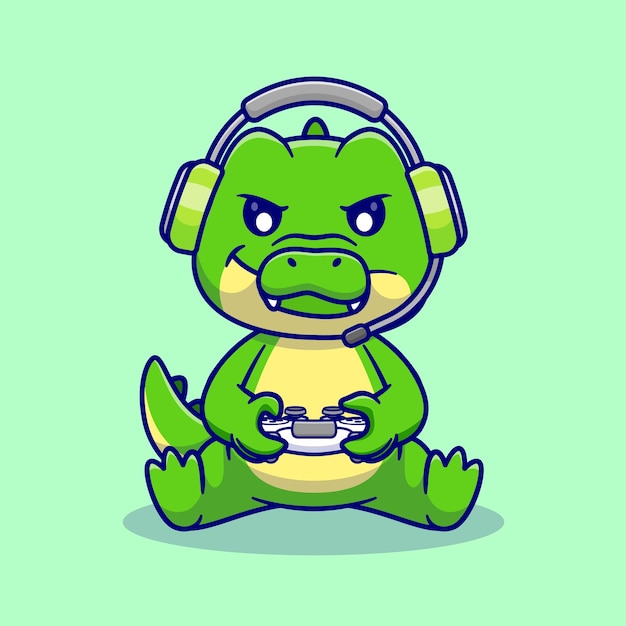 Cute Crocodile Gamer Playing Game With Headphone And Joystick Cartoon Vector Icon Illustration Flat