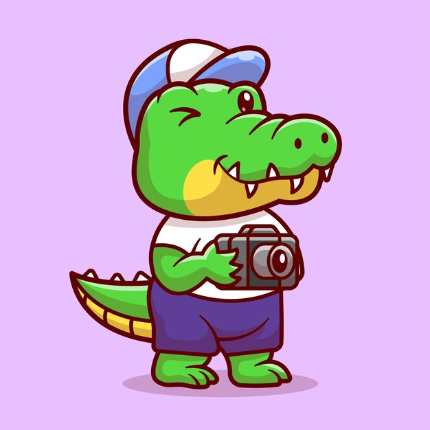 Cute Crocodile Photographer Holding Camera Cartoon Vector Icon Illustration Animal Technology Icon