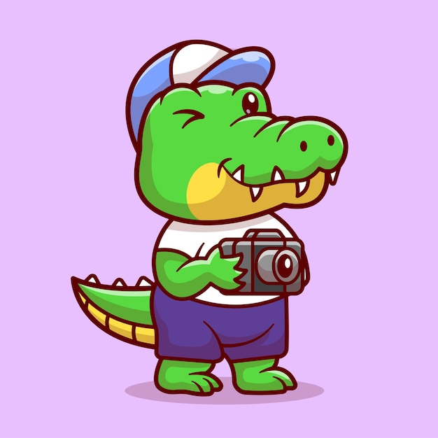 Cute Crocodile Photographer Holding Camera Cartoon Vector Icon Illustration Animal Technology Icon