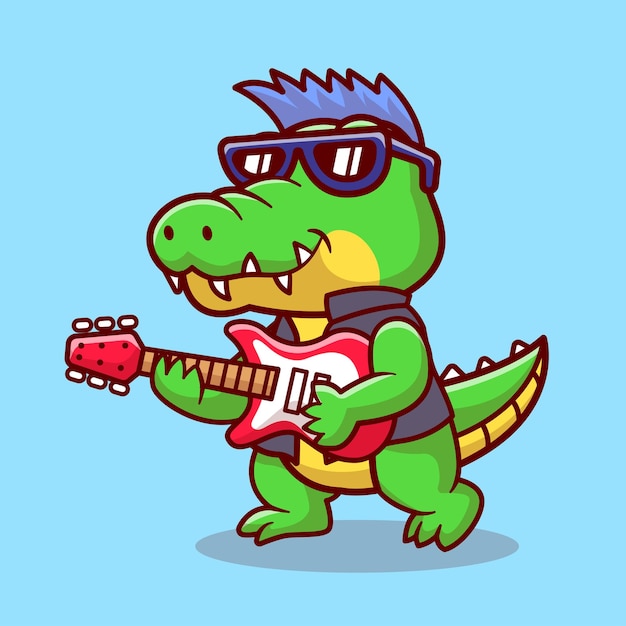 Cute Crocodile Playing Electric Guitar Cartoon Vector Icon Illustration Animal Music Icon Isolated