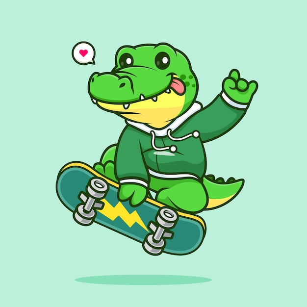 Free vector cute crocodile playing skateboard cartoon vector icon illustration. animal sport icon isolated flat