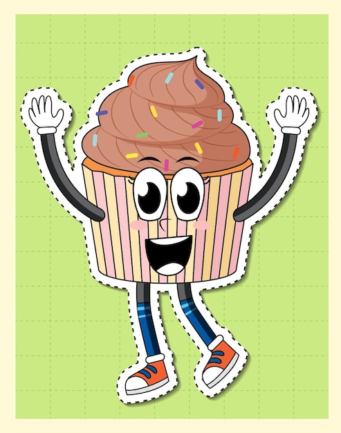 Free vector cute cupcake cartoon character on grid background