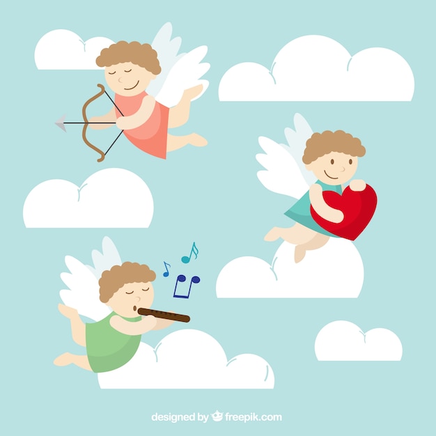 Free vector cute cupid characters with clouds and different elements