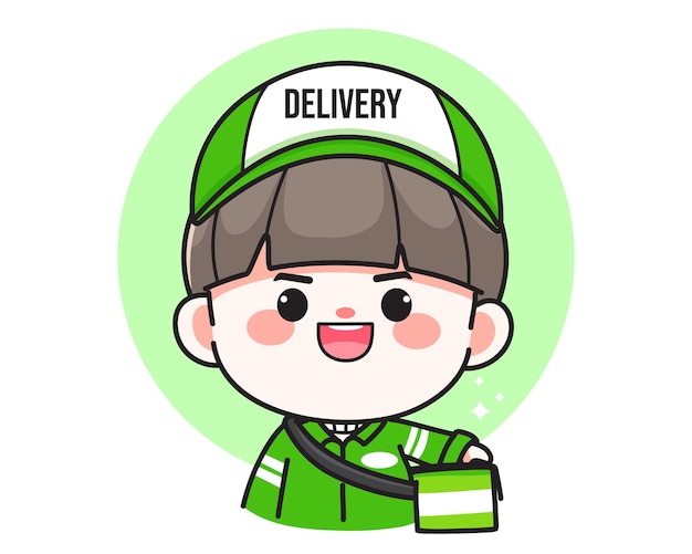 Cute Delivery man character logo hand drawn cartoon art illustration