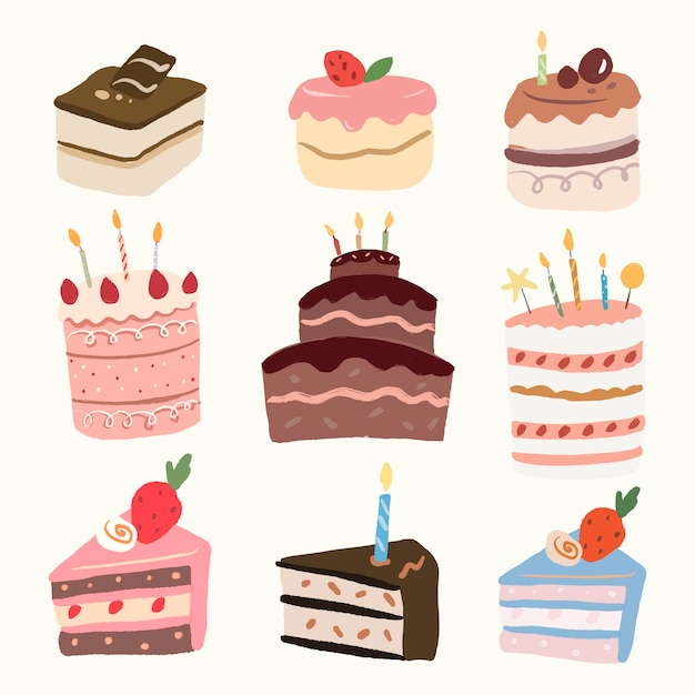 Cute dessert cake sticker, bakery element graphic vector set