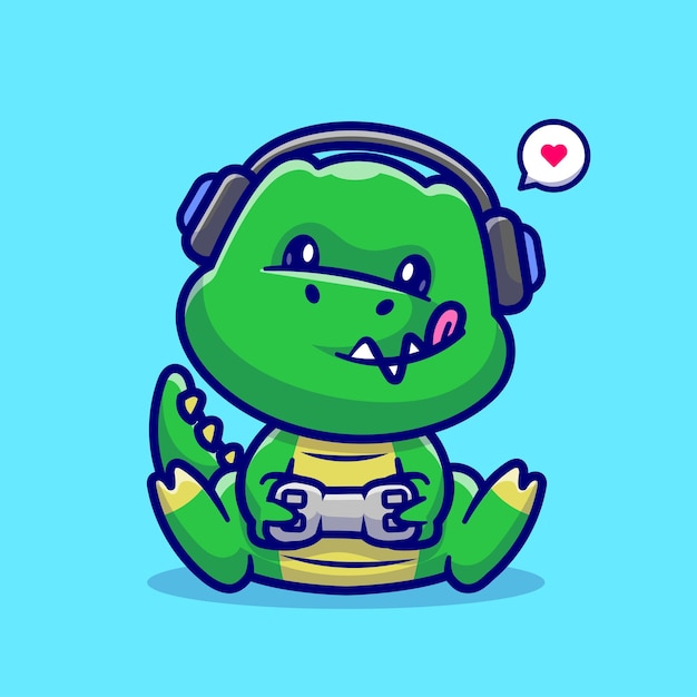 Cute Dino Gaming Cartoon Vector Icon Illustration Animal Technology Icon Concept Isolated Flat