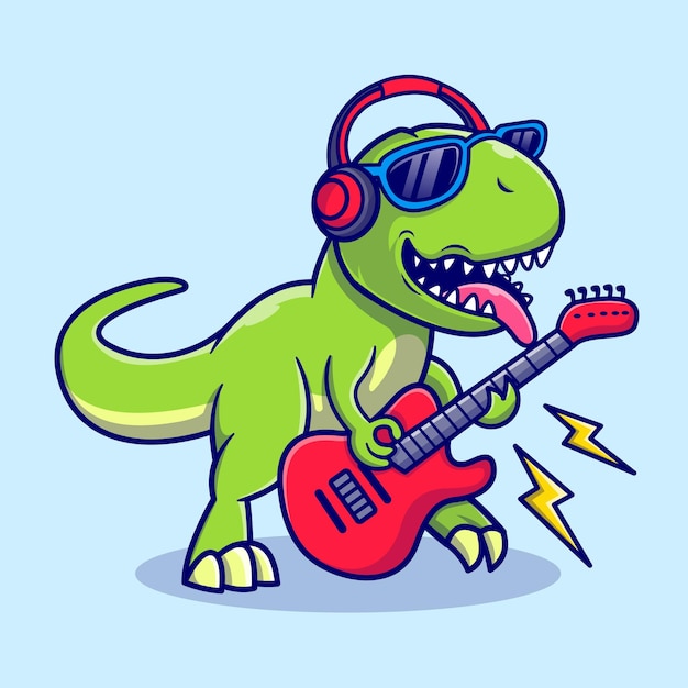 Cute Dinosaur Playing Guitar Music Cartoon Vector Icon Illustration Animal Technology Icon Isolated