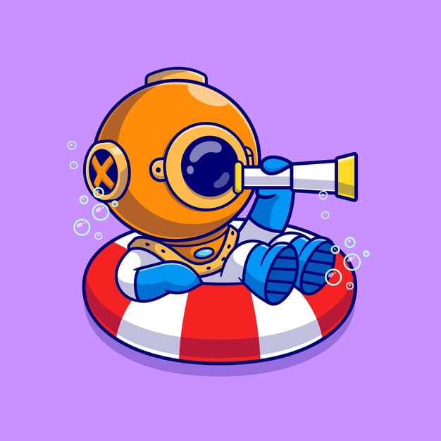 Cute Diver Binocular On Tires Cartoon Vector Icon Illustration. Science Nature Icon Concept Isolated