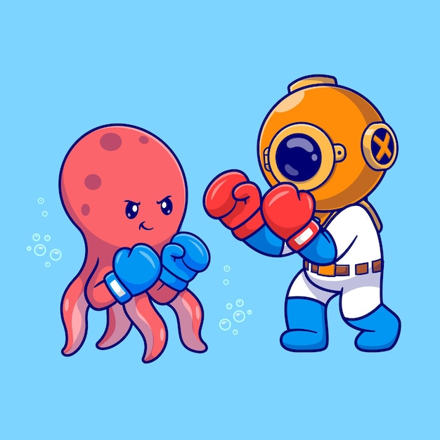 Free vector cute diver boxing with octopus cartoon vector icon illustration science sport isolated flat vector