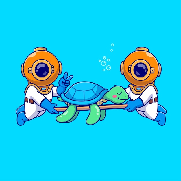 Free Vector cute diver carrying turtle with emergency stretcher cartoon vector icon illustration science animal