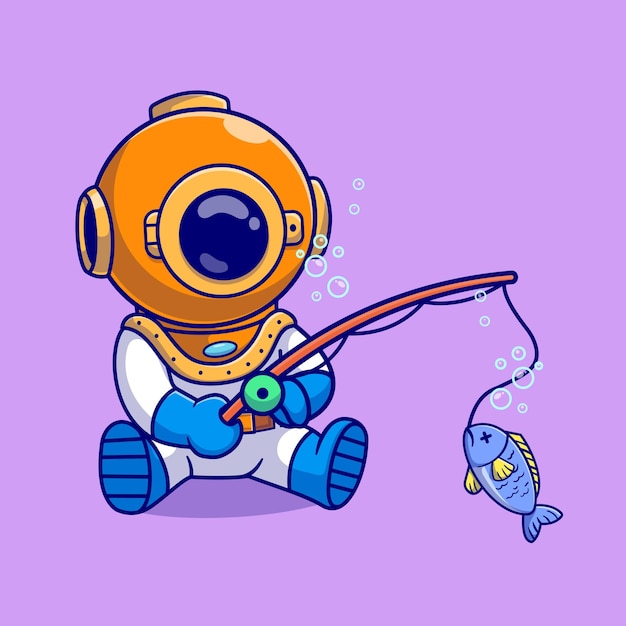 Cute Diver Fishing Fish In Ocean Cartoon Vector Icon Illustration. Science Animal Icon Isolated