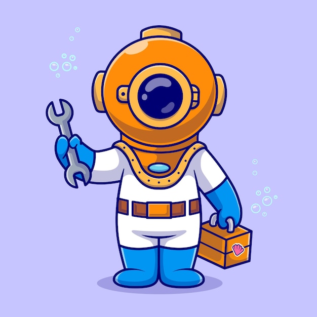 Cute Diver Handy Man Holding Wrench And Tool Box Cartoon Vector Icon Illustration. Science Nature