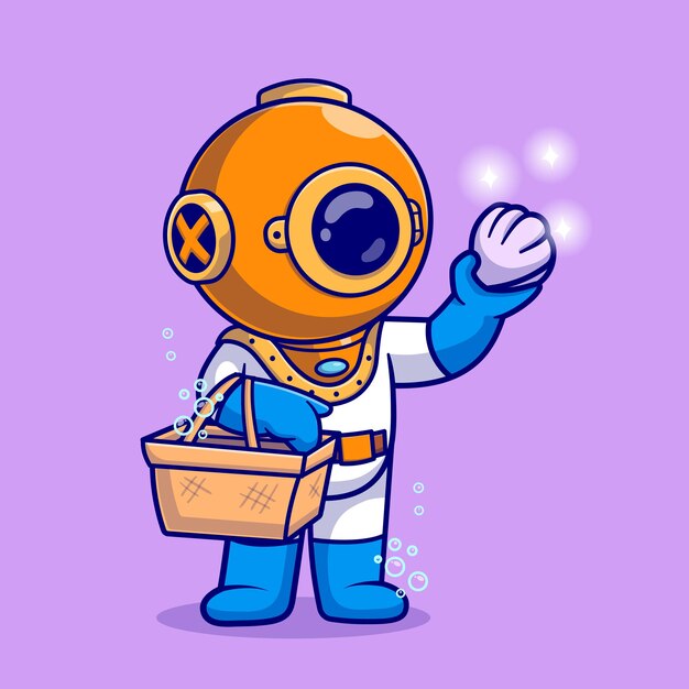 Cute Diver Holding Basket And Shell Cartoon Vector Icon Illustration. Science Nature Icon Isolated