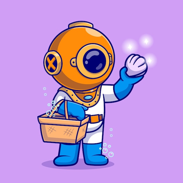 Cute Diver Holding Basket And Shell Cartoon Vector Icon Illustration. Science Nature Icon Isolated