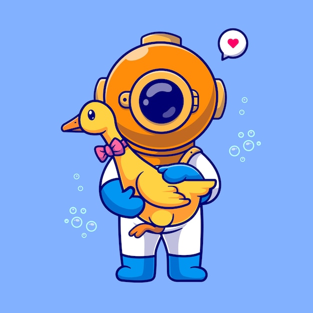 Free Vector cute diver holding duck cartoon vector icon illustration. science animal icon concept isolated flat