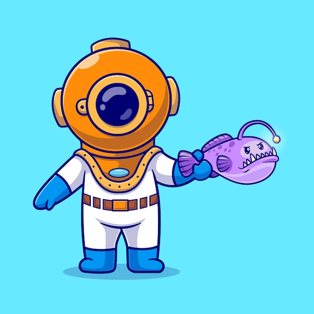 Cute Diver Holding Lampfish Cartoon Vector Icon Illustration. Science Nature Icon Concept Isolated