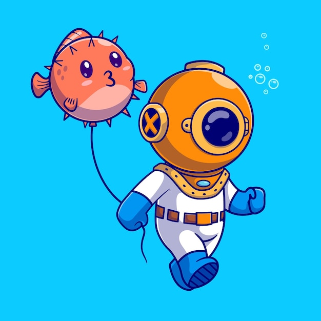 Cute Diver Holding Puffer Fish Balloon Cartoon Vector Icon Illustration. Science Nature Isolated